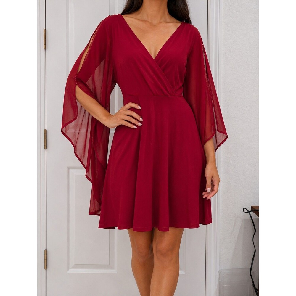VENUS Women’s Red Rhinestone Sleeve Cocktail Dress Size M | Surplice V-Neck